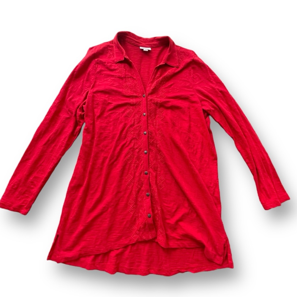 J.Jill Red Embroidered Knit Cotton Button-up Blouse/Tunic Women's Size Large